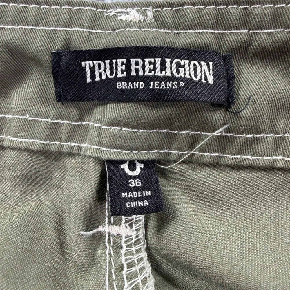 True Religion Mens Olive Green Contrast Stitch Cargo Pants Size 36 Embroidered